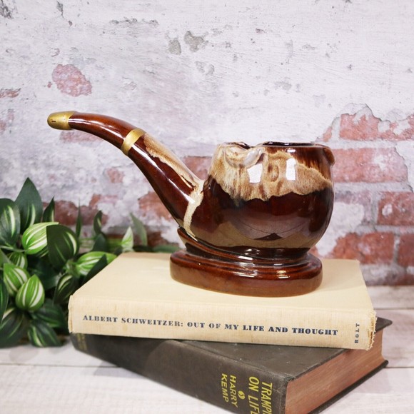 PIPE ASHTRAY Drip Glaze Vintage TOBACCO Brown Drip w Gold Trim Napco Artmark - Picture 1 of 10